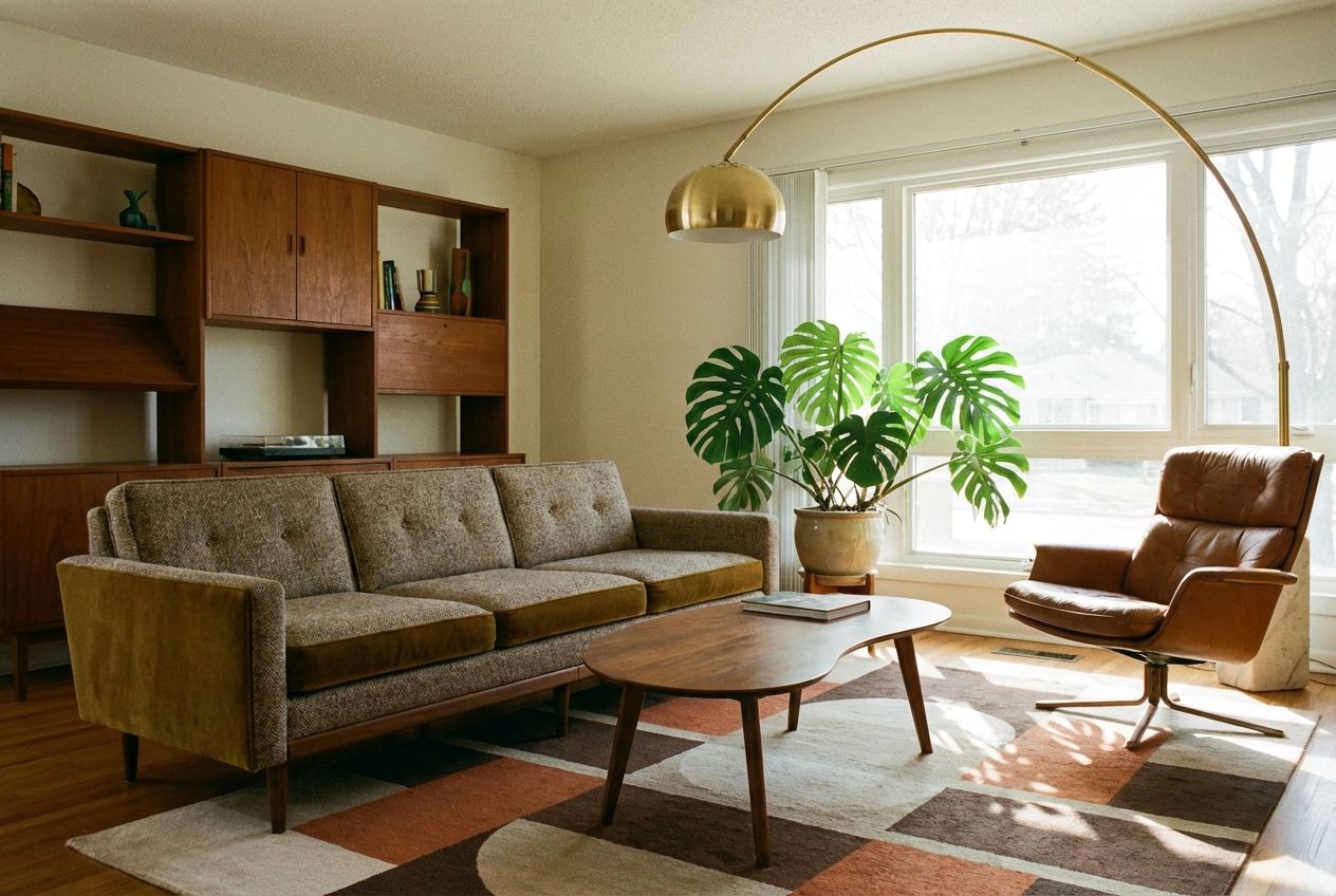Mid-century modern living room with Eames lounge chair, walnut credenza, and geometric rug