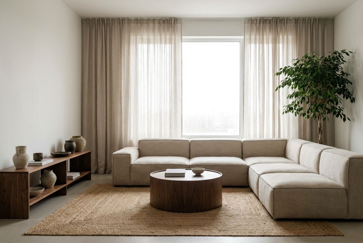 Japandi salon with low linen sofa, walnut coffee table, jute rug, and washi paper pendant