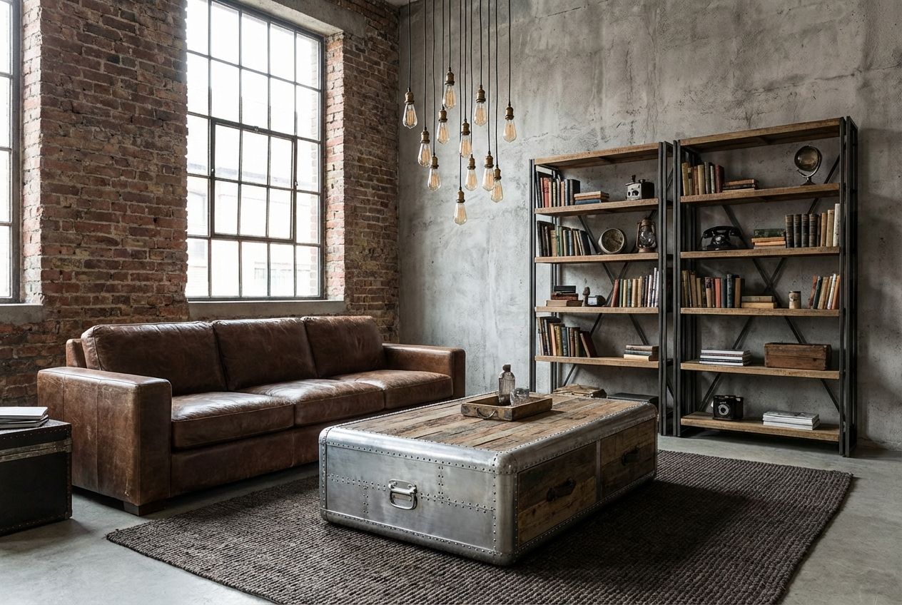 Industrial style living room with leather sofa, exposed brick, iron shelving, and Edison pendant lighting