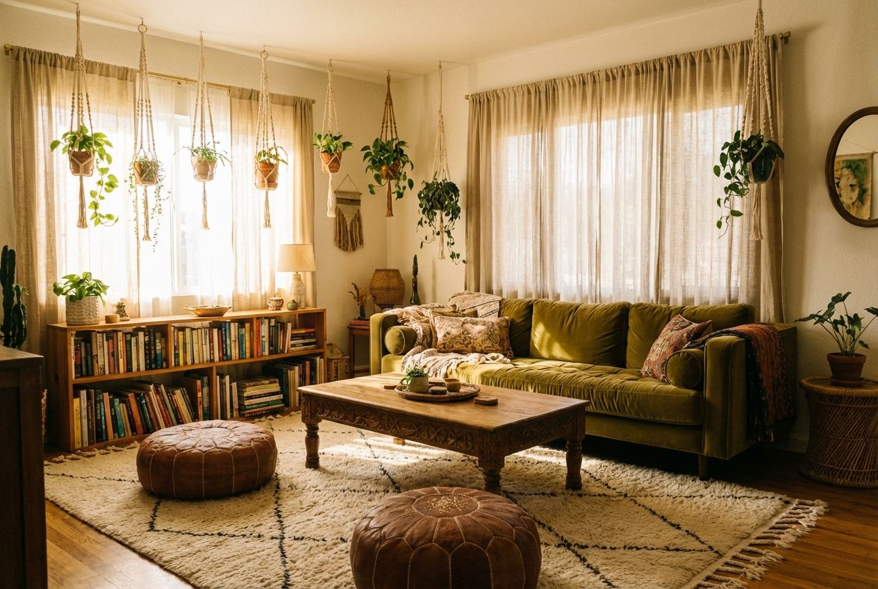 Bohemian style living room with layered kilim rugs, rattan furniture, and gallery wall