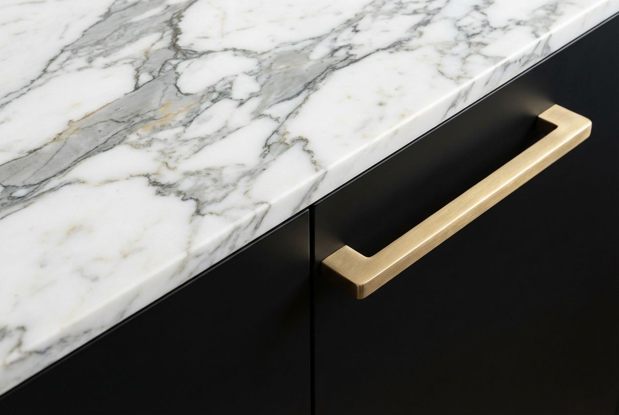 Black kitchen with white marble countertop and brushed brass hardware detail