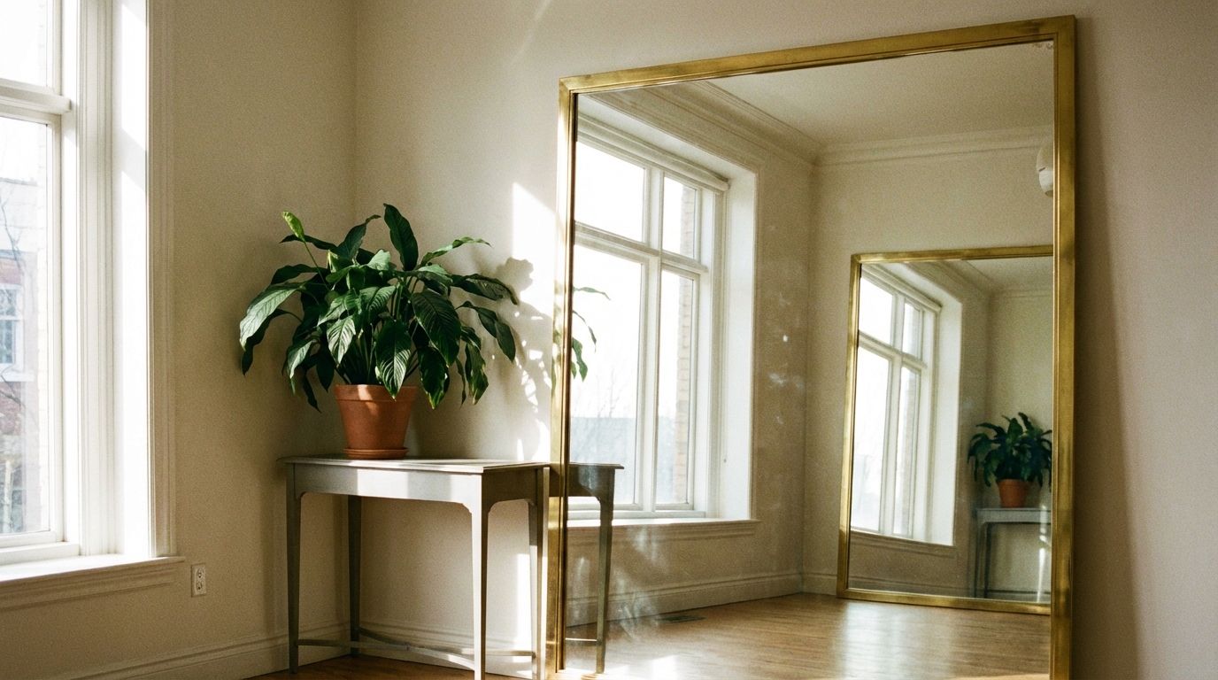 Small living room with large mirror opposite the window, doubling the perceived depth and natural light