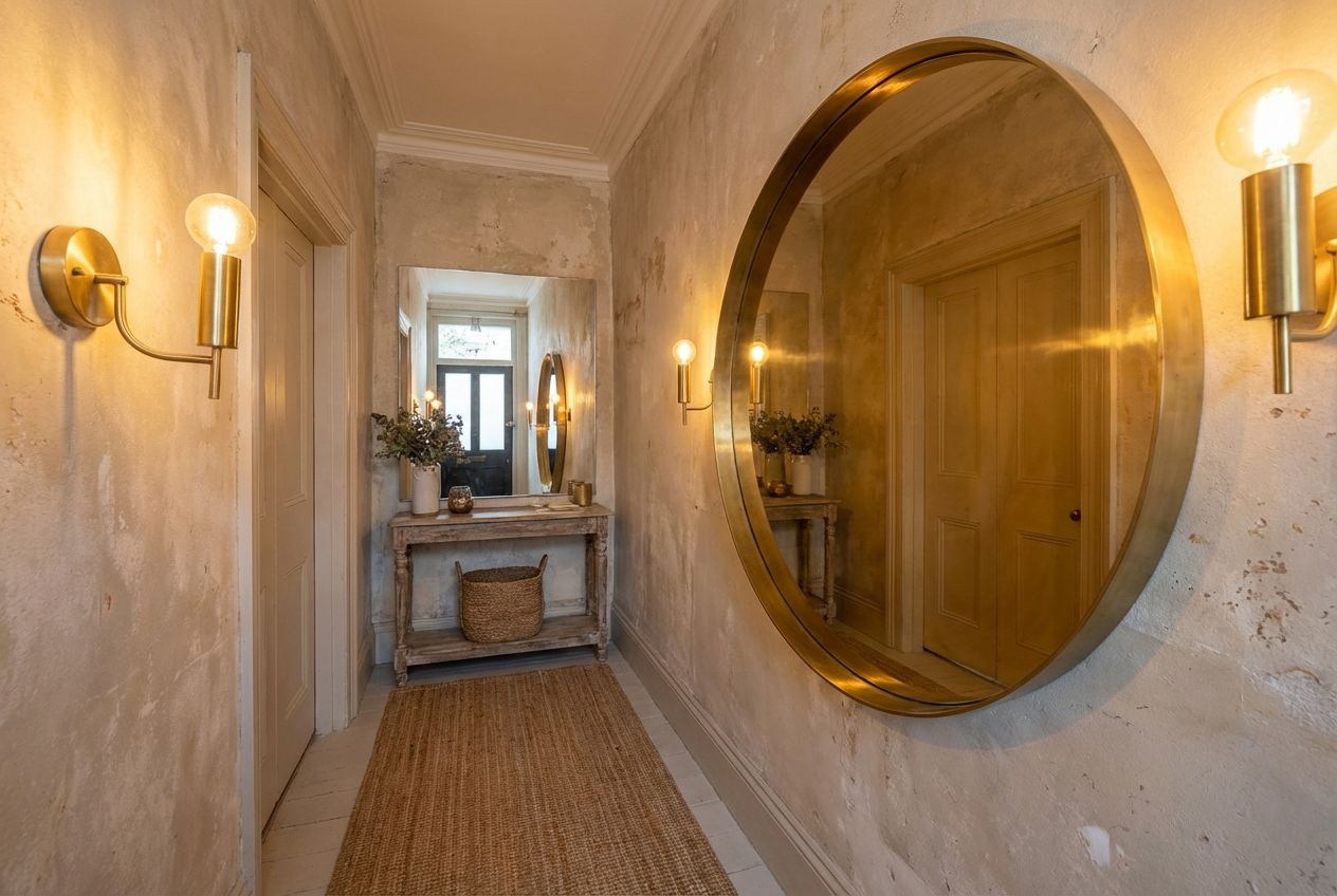 Entryway with large round mirror and warm wall sconce