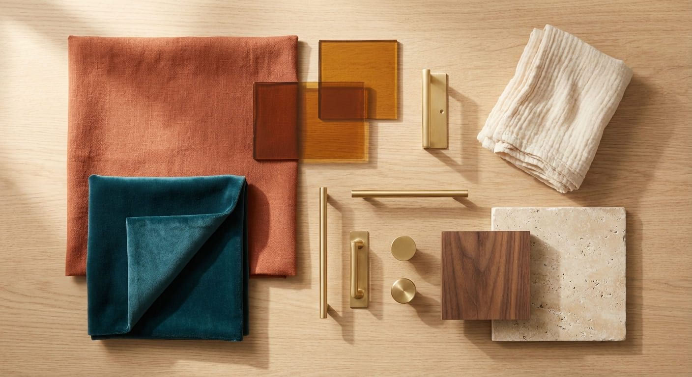 2026 interior design color moodboard featuring terracotta, teal, brass accents, and natural linen textures