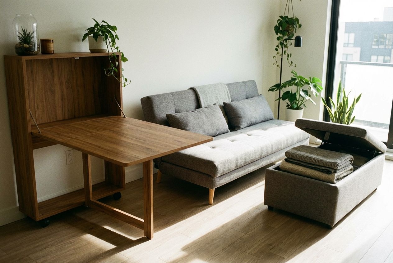 Multi-function furniture in studio apartment including fold-down desk and convertible sofa