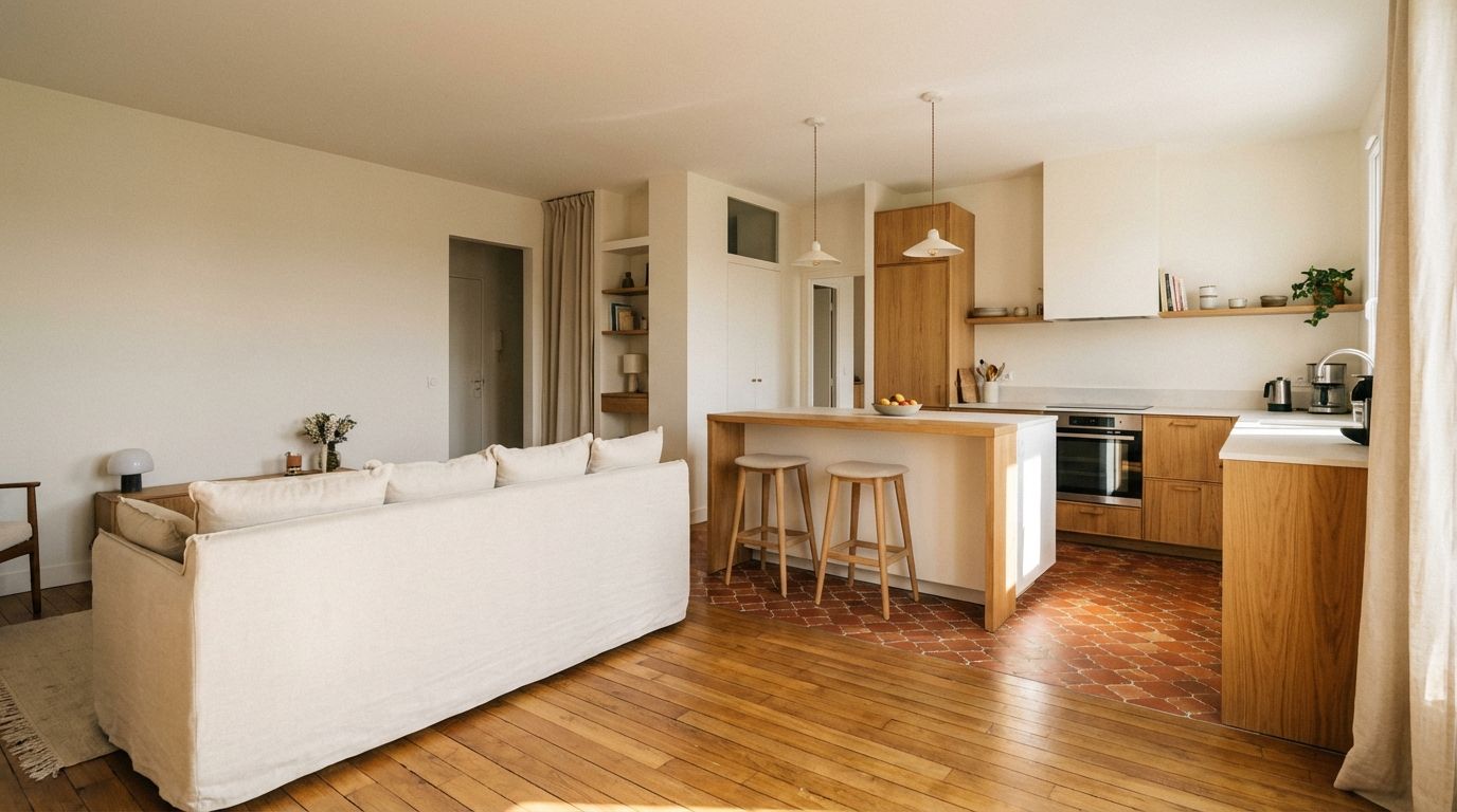 Small open-plan apartment with sofa back serving as divider between living area and kitchen