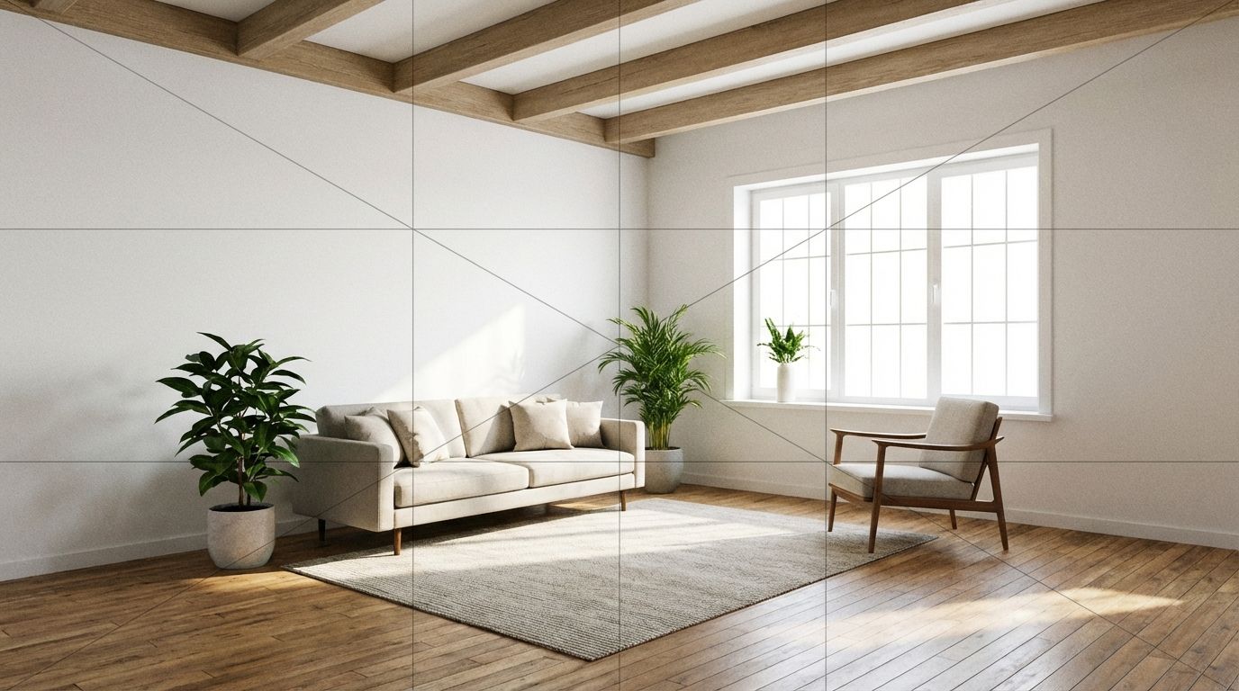 Comparison of a poorly lit cluttered room photo versus a well-lit tidy room photo for AI design