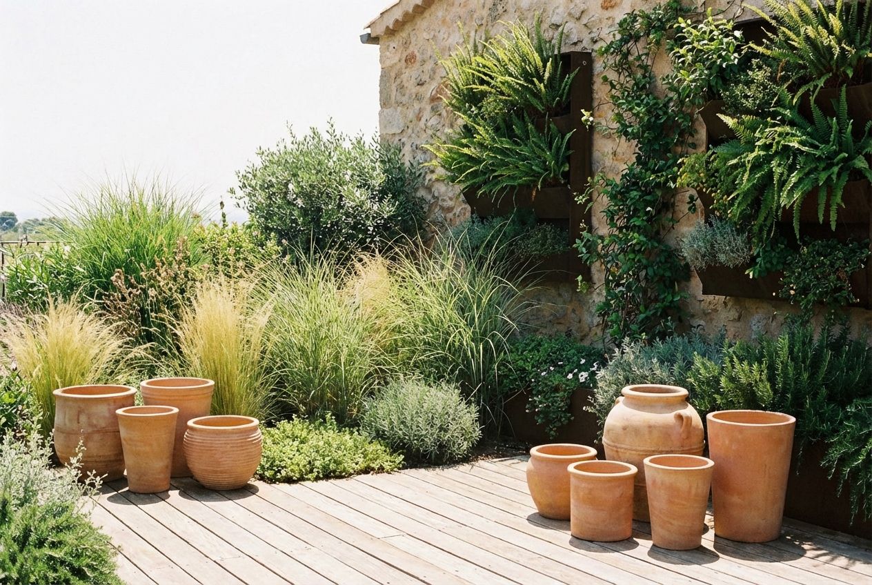 Terrace garden with olive tree, lavender planters, and climbing jasmine