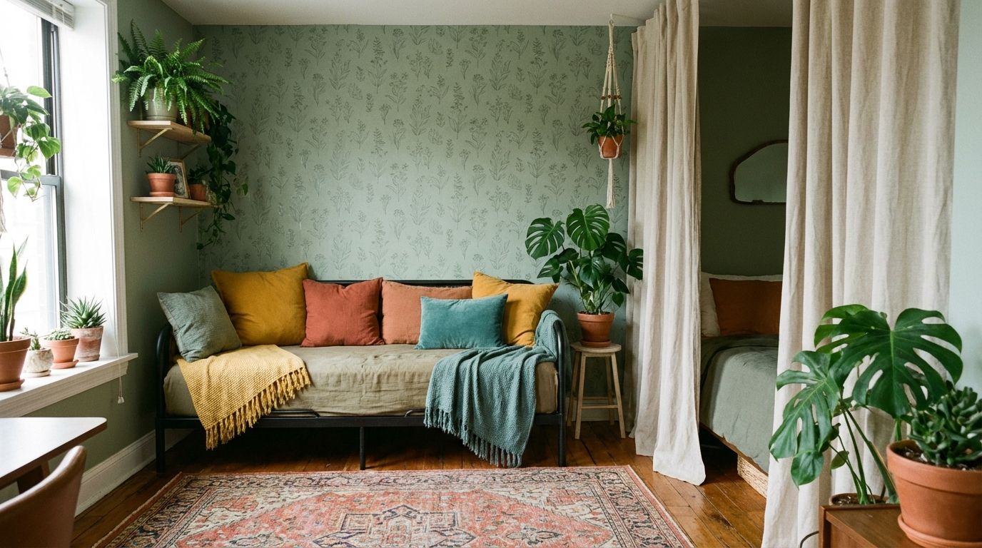 AI visualization of a rental apartment transformation using only reversible changes like paint and furniture