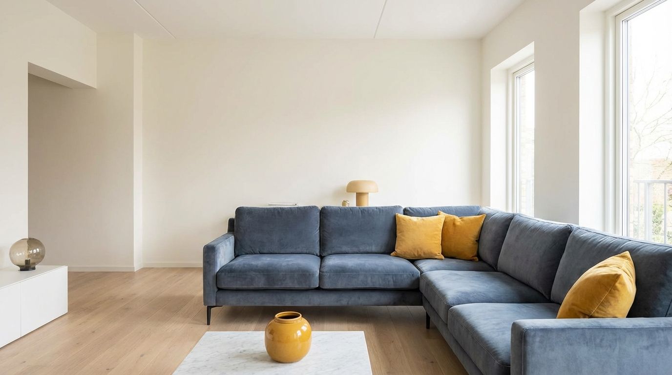 Living room illustrating the 60-30-10 color rule with warm white walls, slate blue sofa, and mustard yellow accents