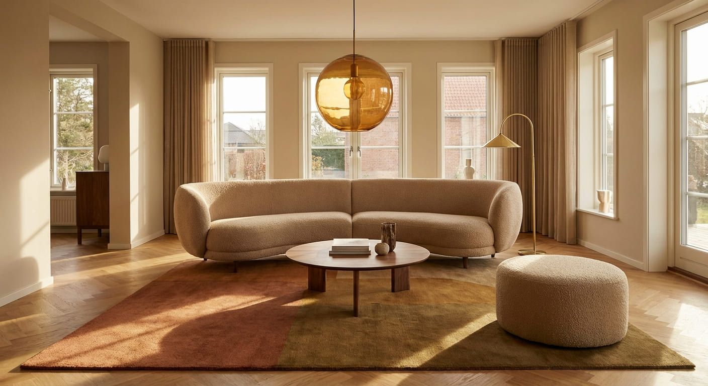 2026 living room with curved bouclé sofa in warm beige, oversized amber glass pendant light, and earth-tone rug