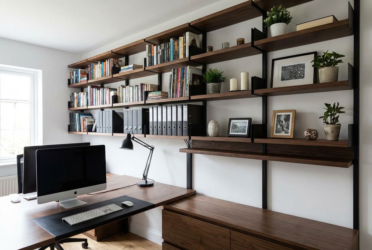 Organized home office shelving with books, plants, and matching storage boxes