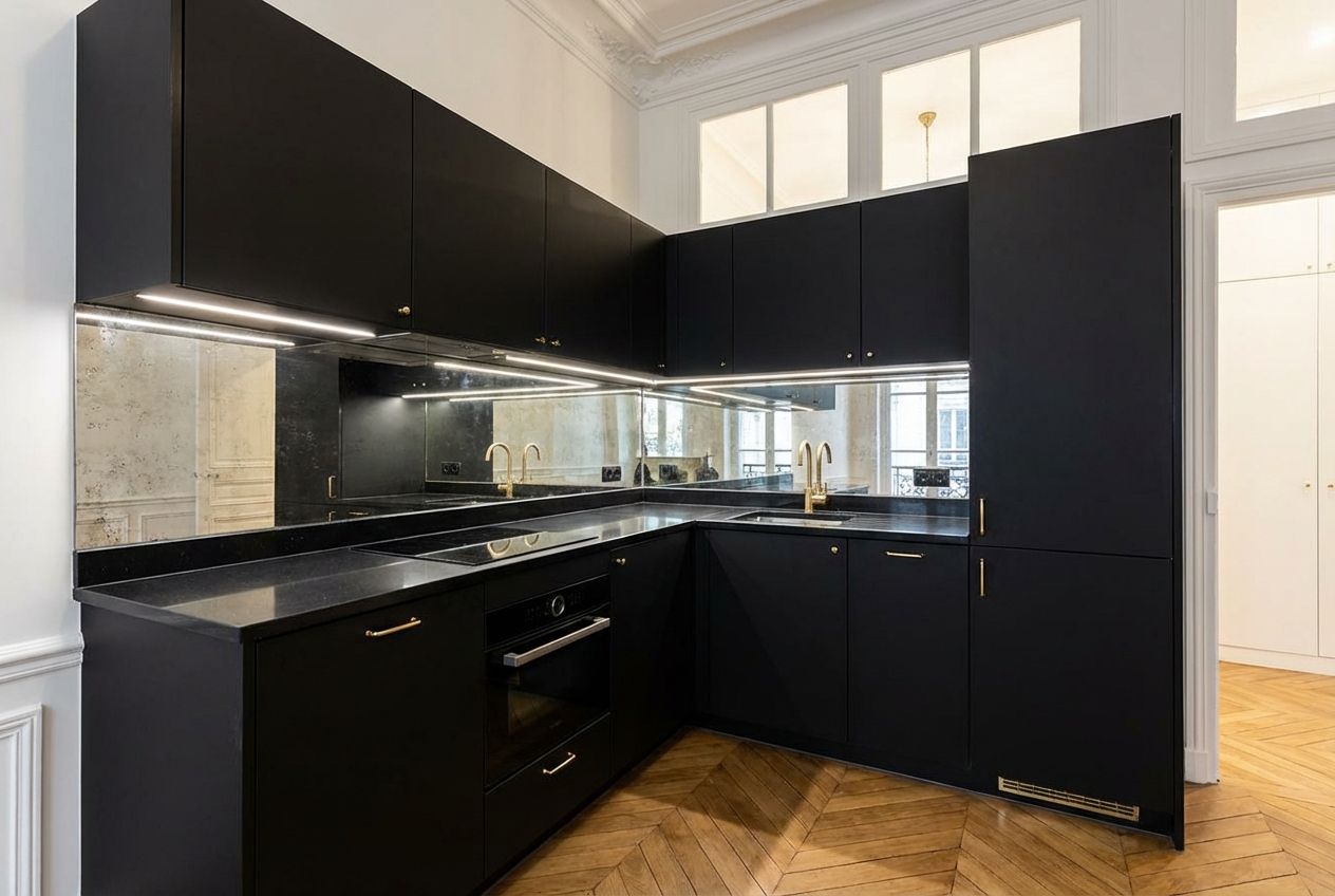 Small matte black kitchen with light wood upper cabinets and LED strip lighting