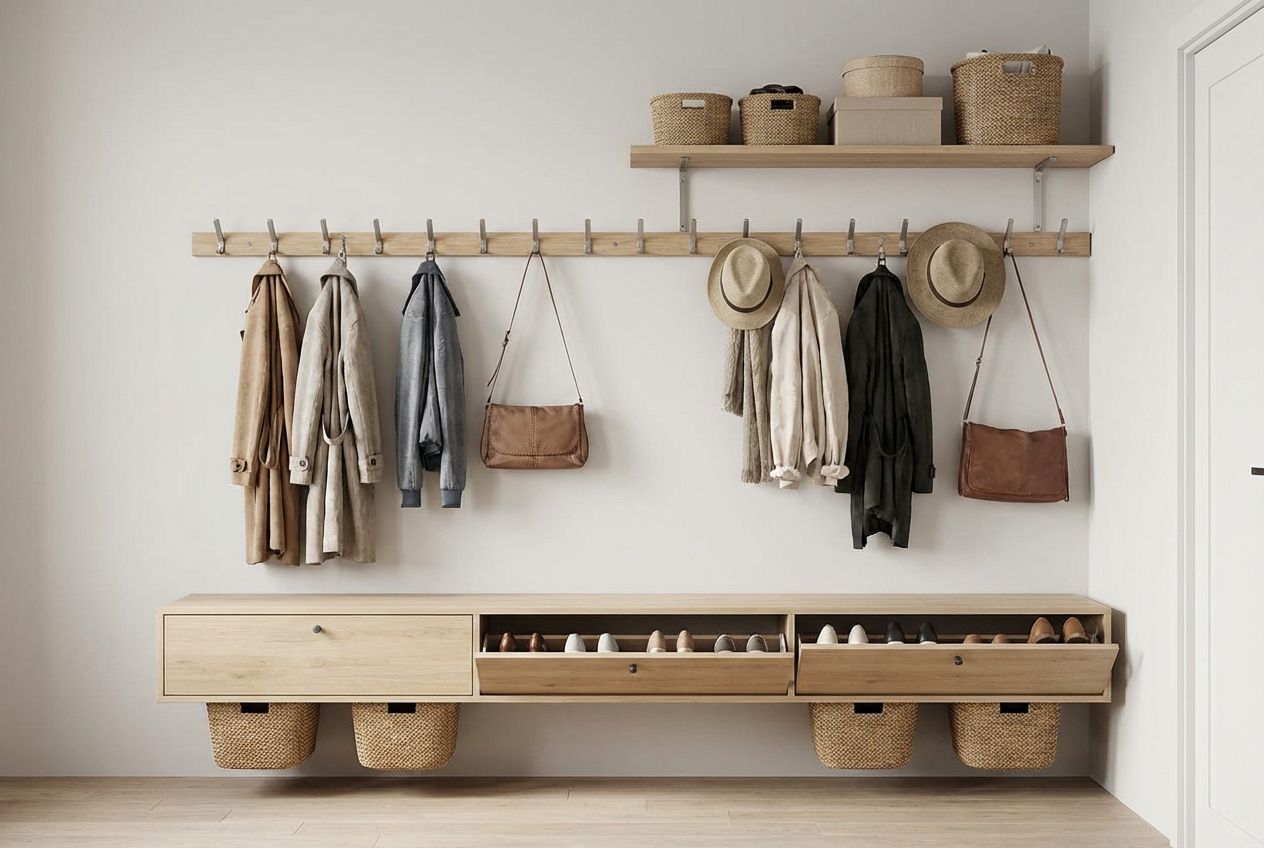 Entryway bench with baskets and wall-mounted hooks