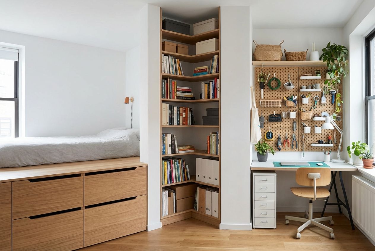 Studio apartment storage solutions with platform bed drawers and wall-mounted shelving