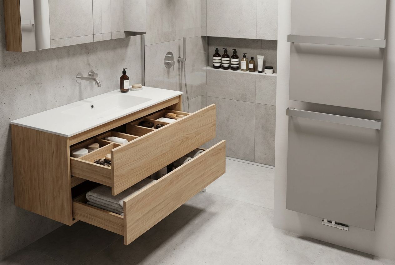 Modern bathroom storage solutions with floating vanity and recessed shower niches