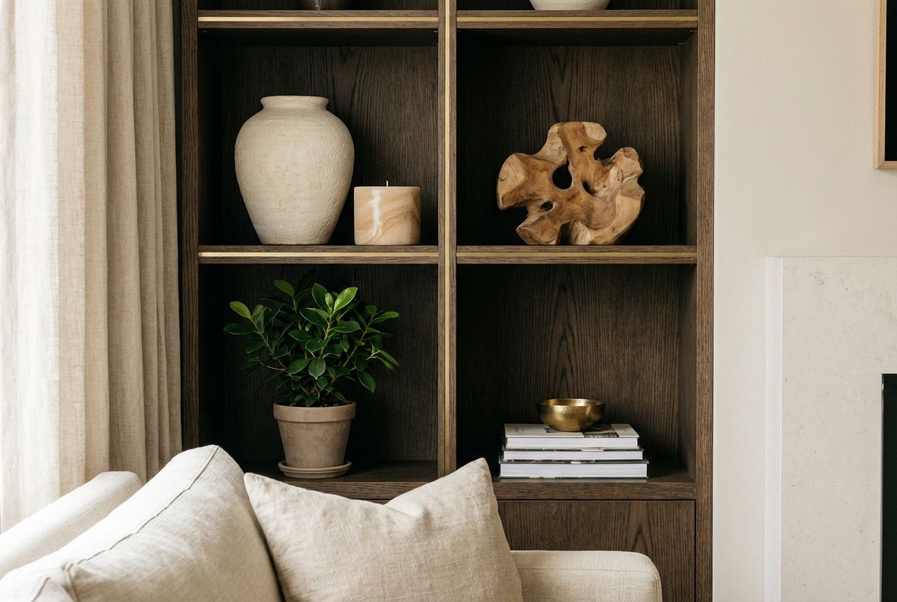 Beige living room styled with ceramic accessories, dried flowers, and brass lighting
