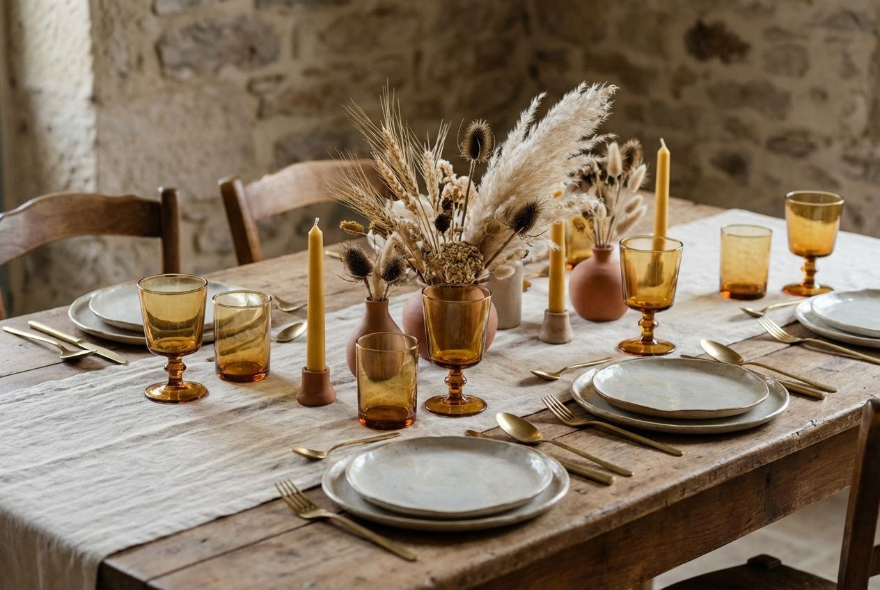 Styled dining table with stoneware plates, linen runner, and seasonal centerpiece