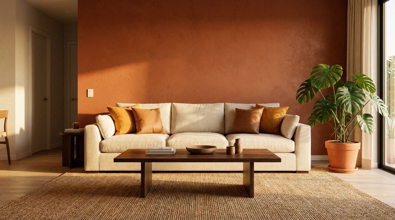 Living room with terracotta accent wall, cream linen sofa, walnut coffee table, and amber cushions