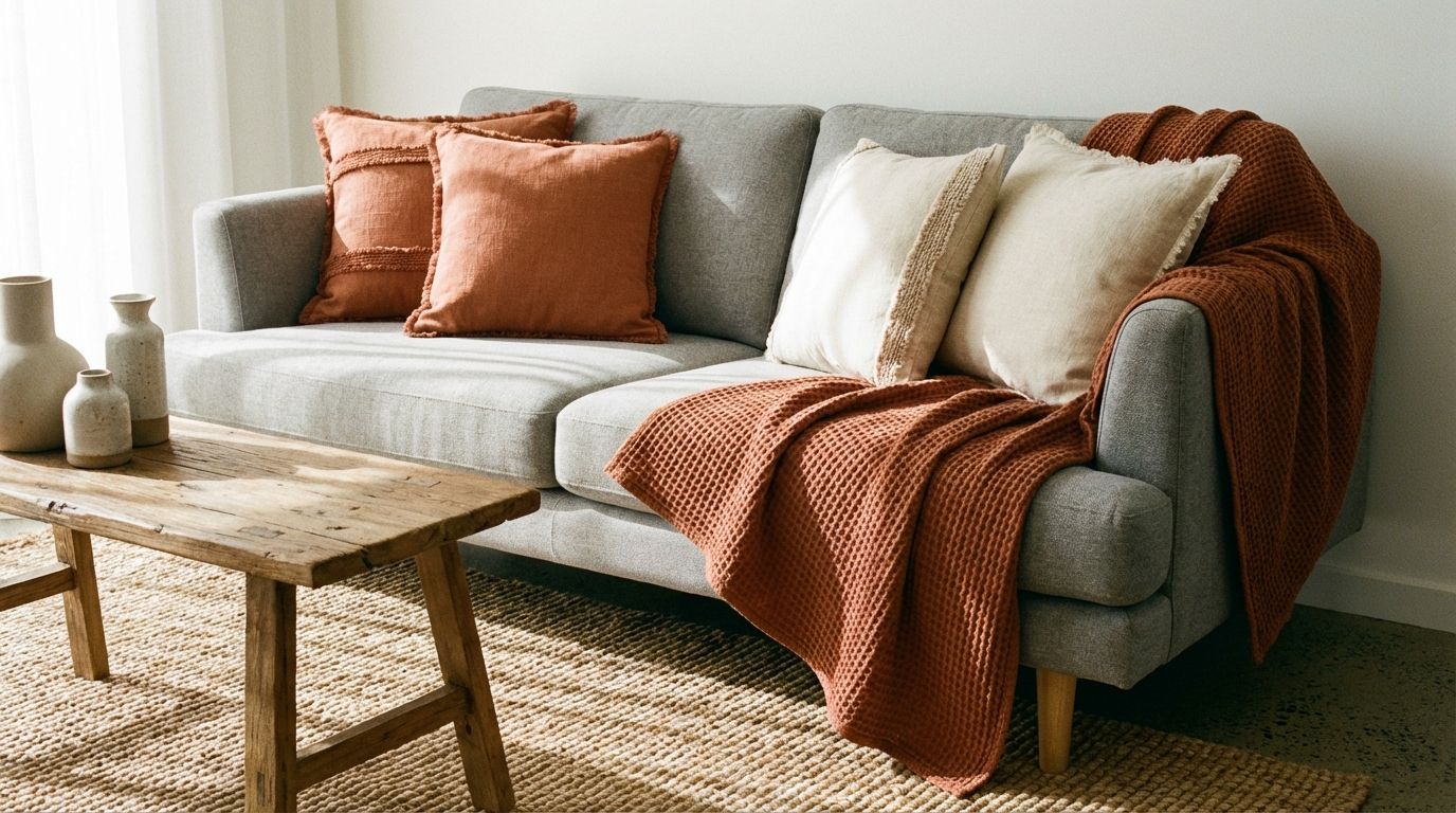 Basic grey sofa transformed with terracotta linen cushion covers, cotton waffle throw, and jute rug