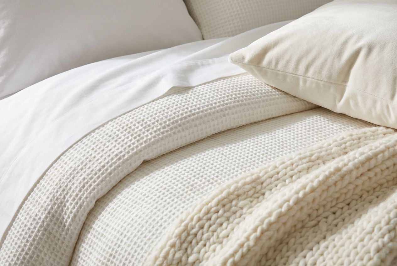 White bedroom bedding layers showing linen sheets, waffle throw, and bouclé cushions