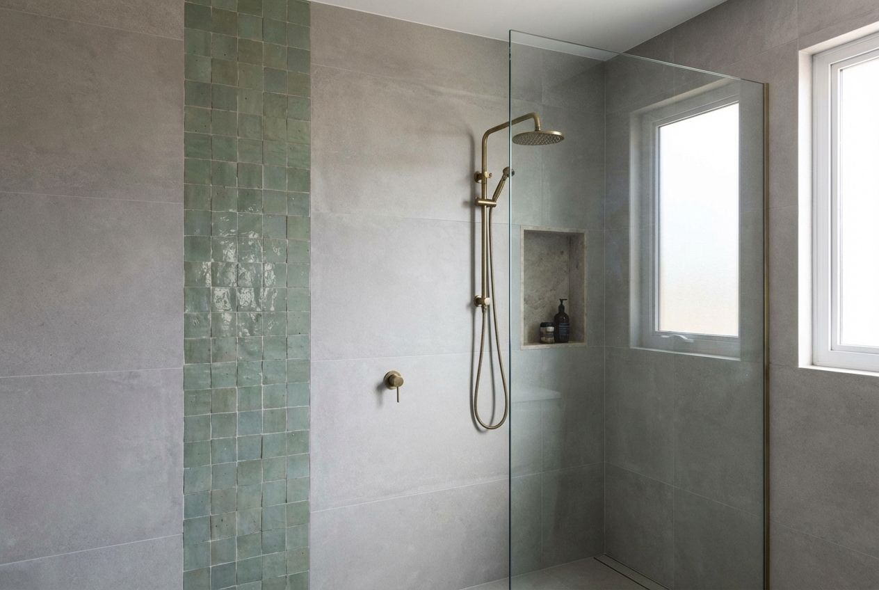 Modern bathroom tile layout with large-format porcelain and zellige accent wall