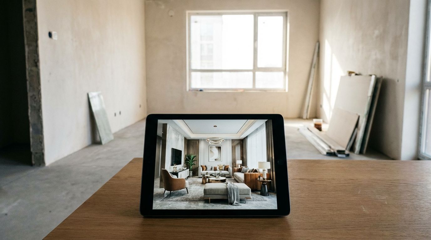 Tablet showing a virtually staged room next to the same empty room in the background