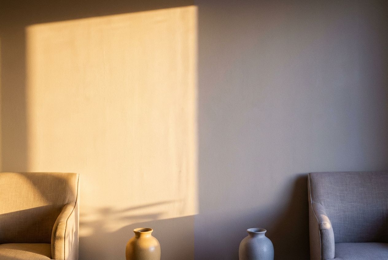 Beige paint swatches showing warm sand versus cool greige tones on a living room wall