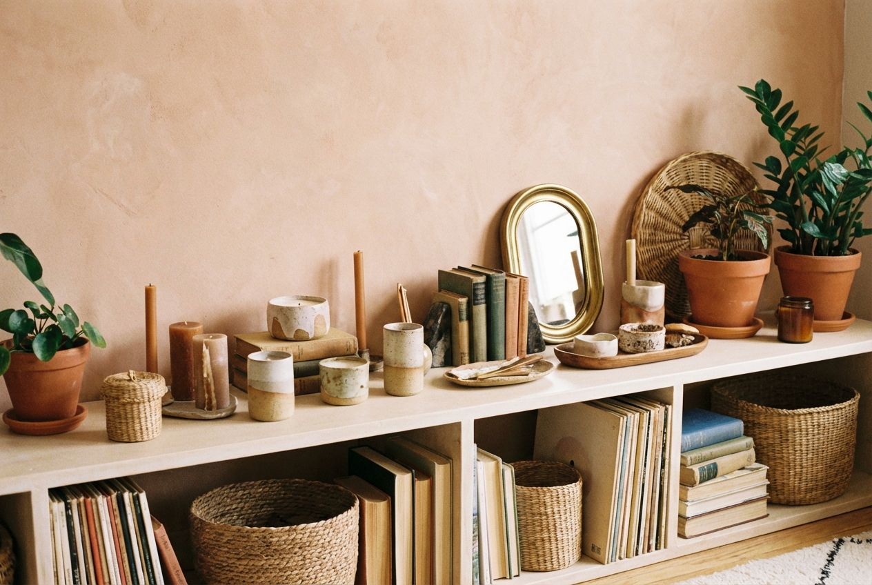 Eclectic bohemian interior with layered textiles, global artifacts, and lush indoor plants