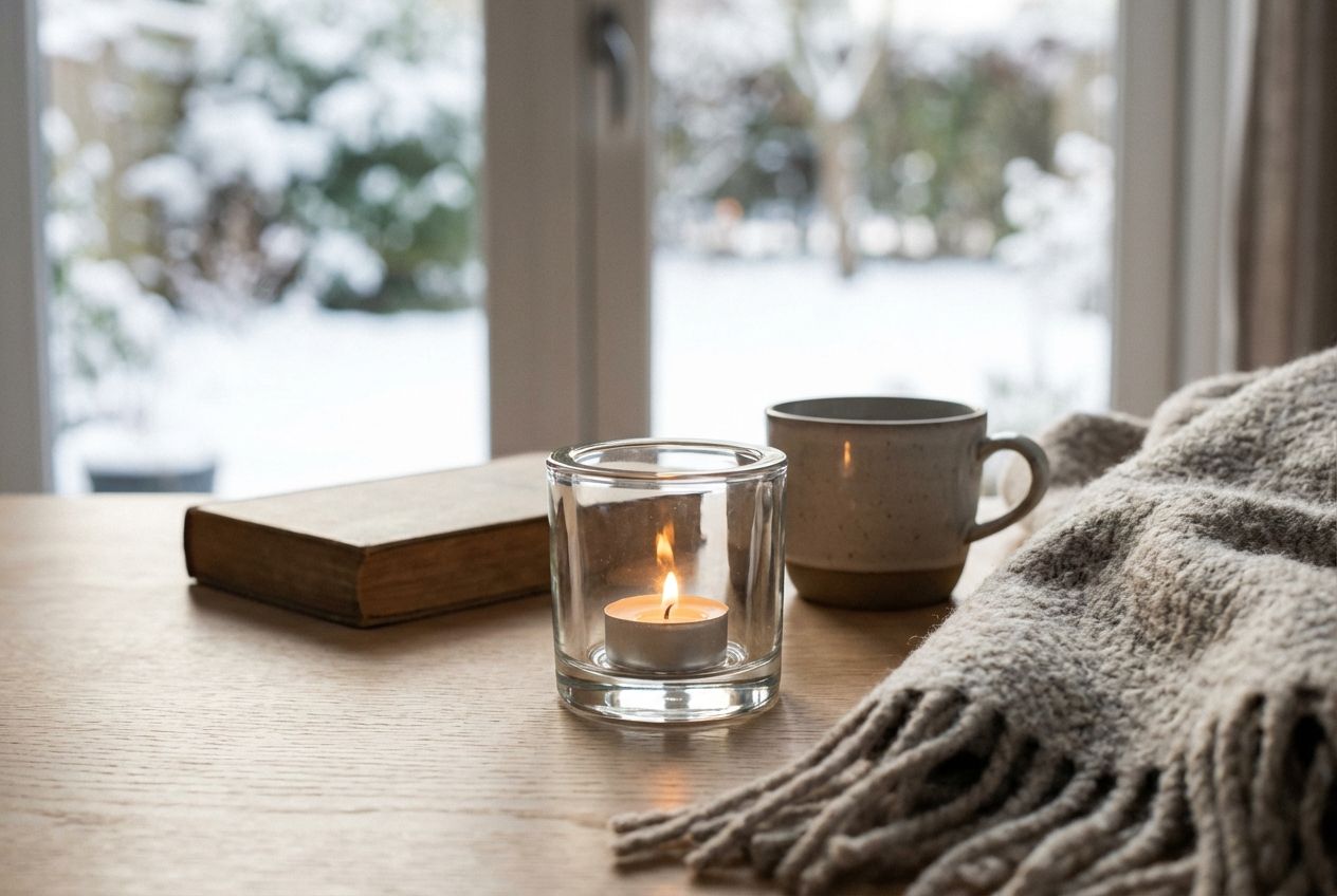 Nordic interior with natural light, light wood furniture, and hygge textile layers