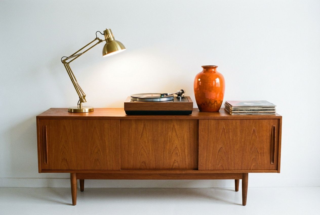 Classic mid-century modern interior with retro furniture, warm wood tones, and organic shapes