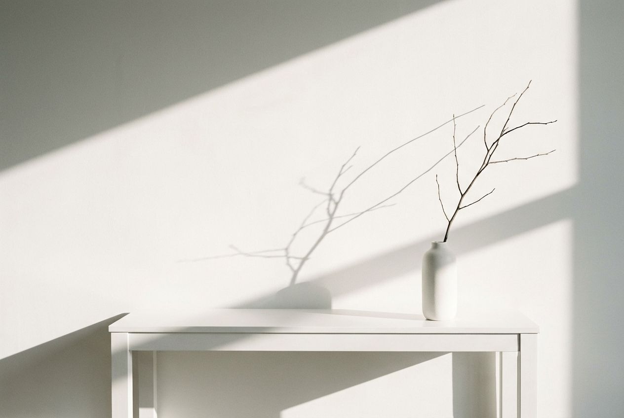 Minimalist interior with intentional furniture placement, natural light, and warm neutral palette