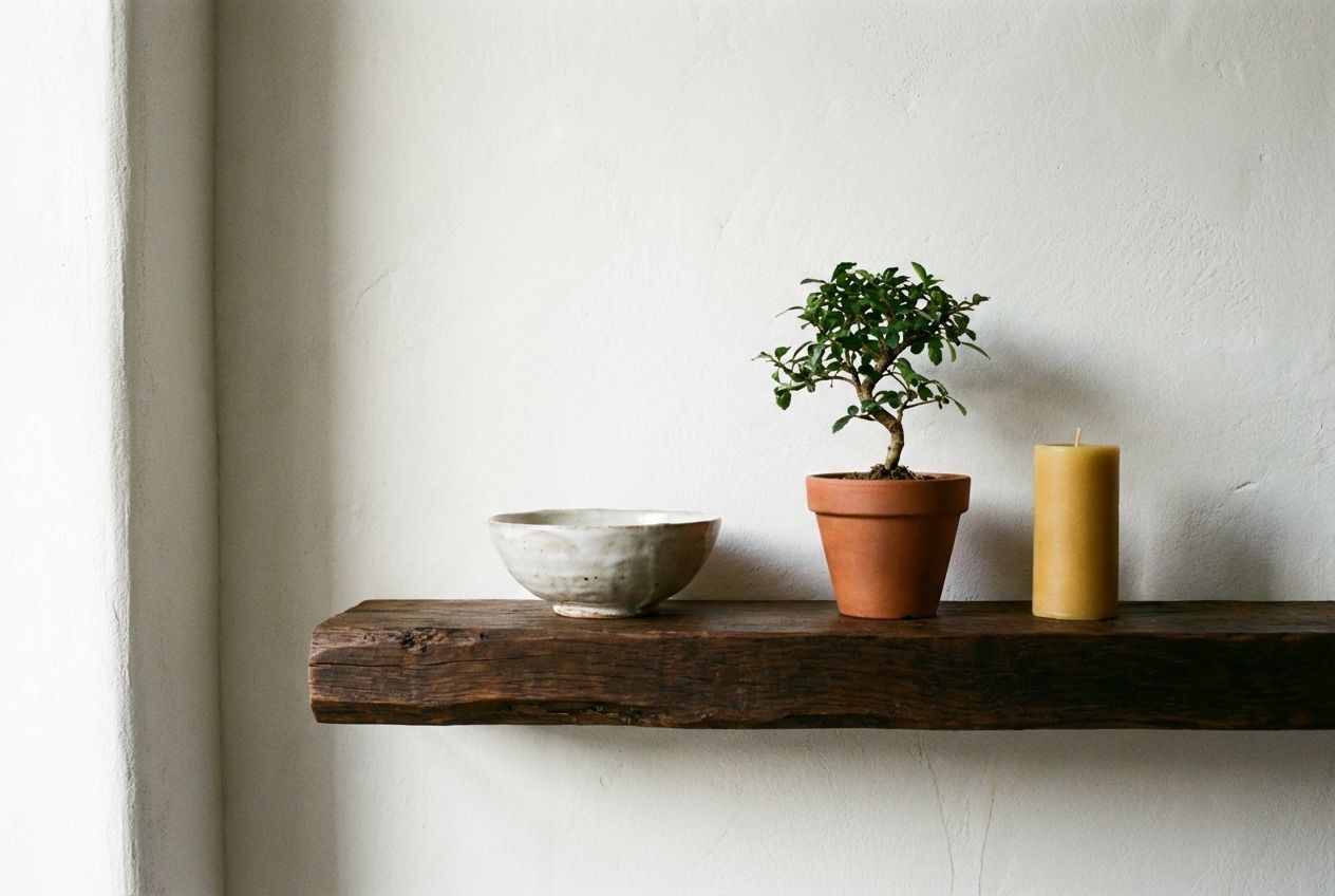 Japandi interior blending wabi-sabi ceramics, warm walnut wood, and soft Scandinavian linen