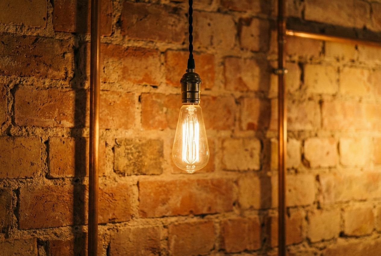 Industrial interior with exposed brick, iron beams, reclaimed wood floors, and warm ambient lighting
