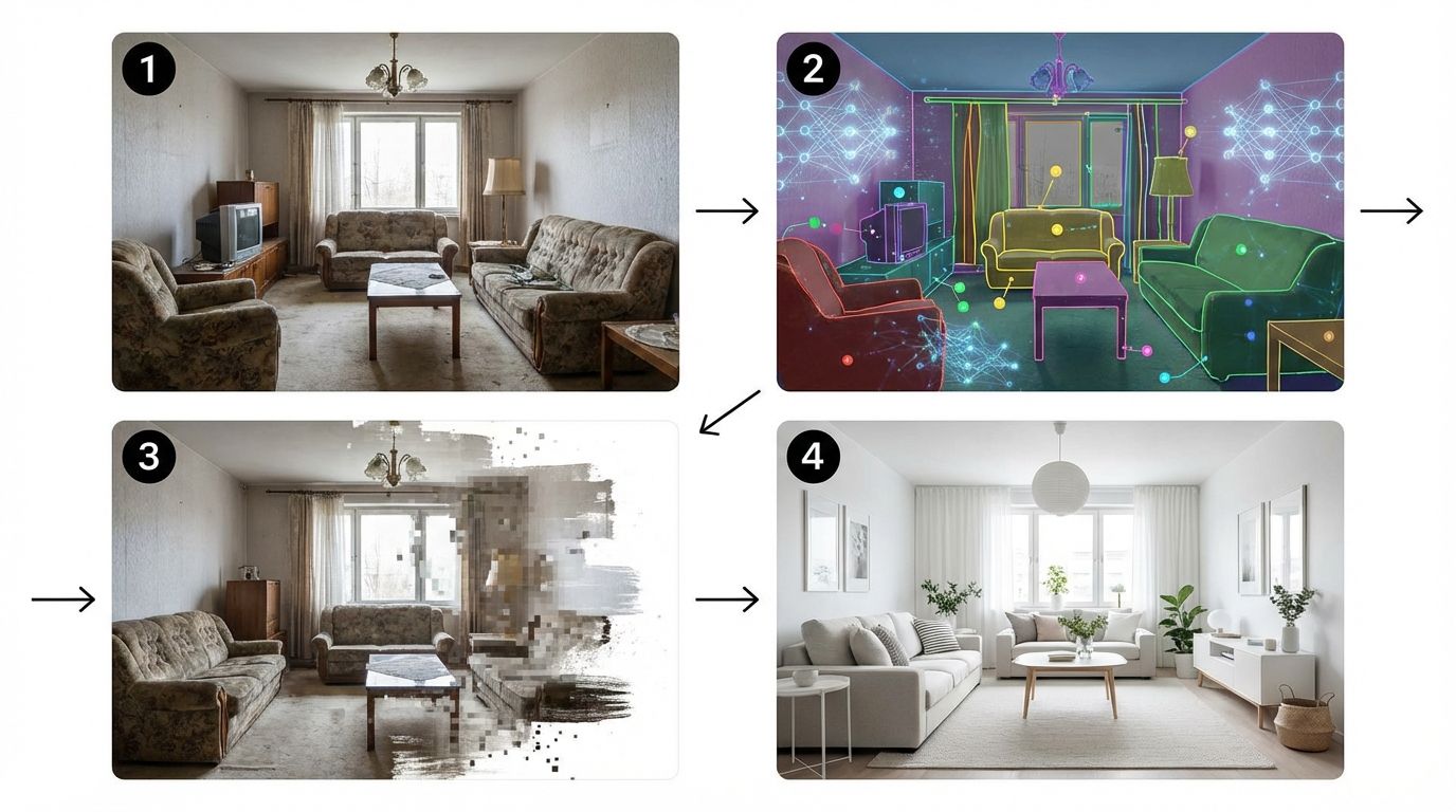 Four-step AI room design workflow: photograph, segment, style transfer, and photorealistic result