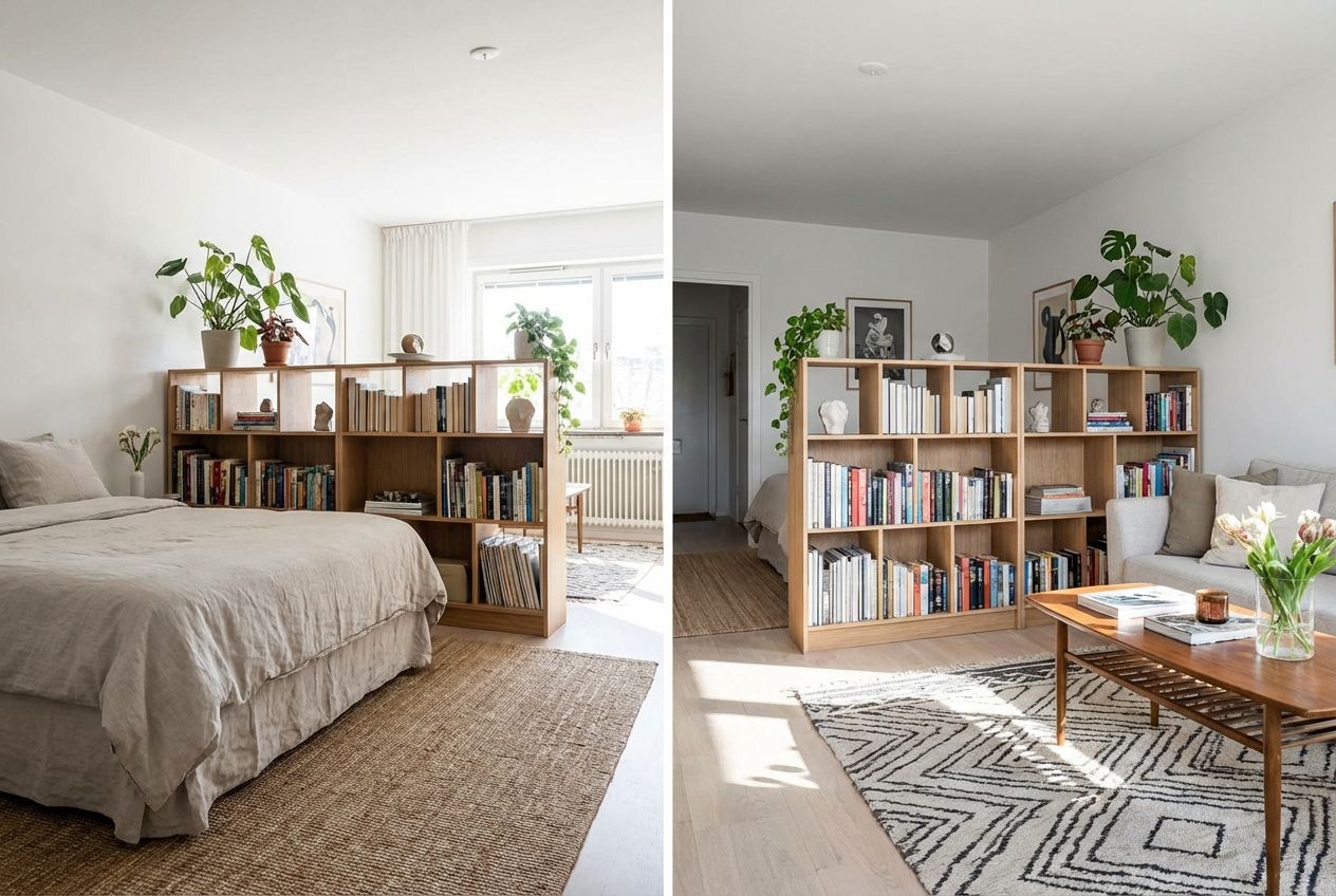 Studio apartment zoning with open bookshelf divider and layered rugs