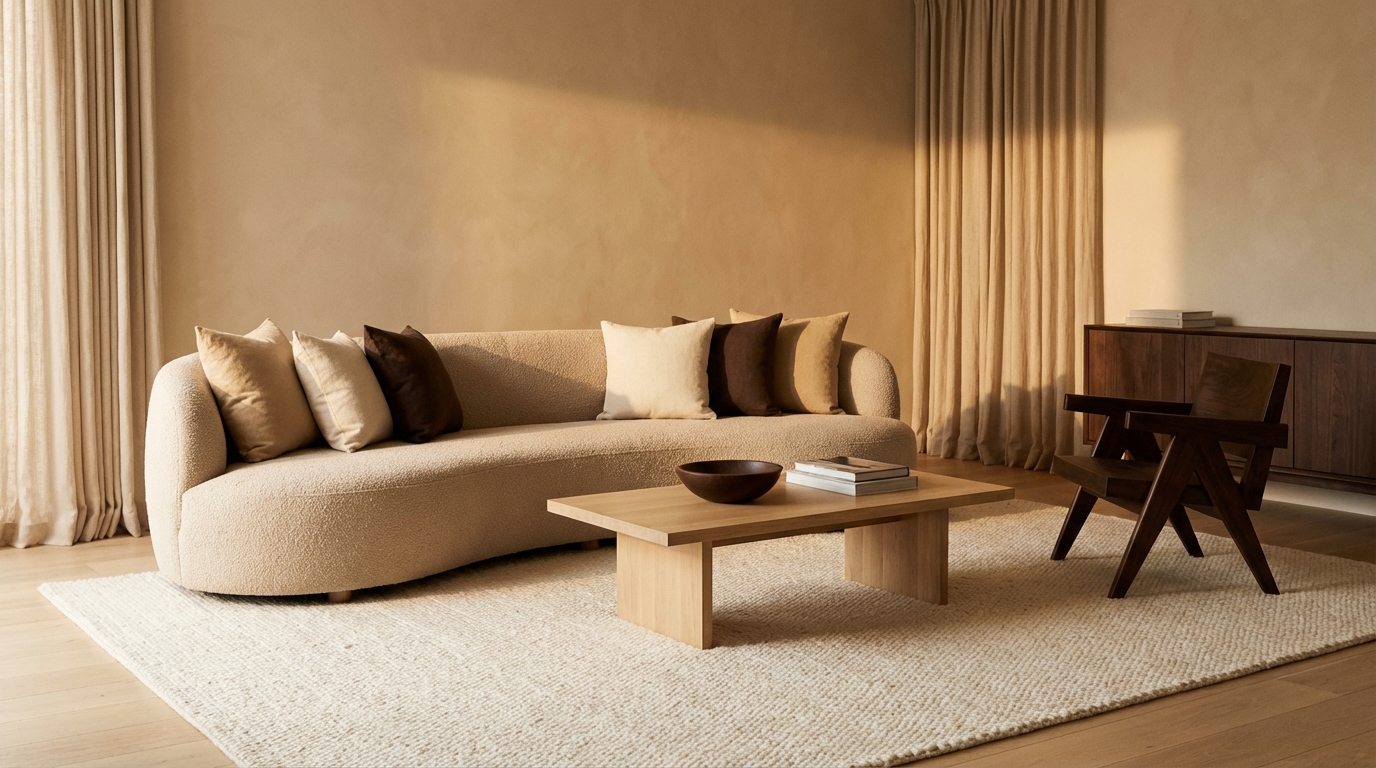 Elegant beige living room with layered textures and warm natural light