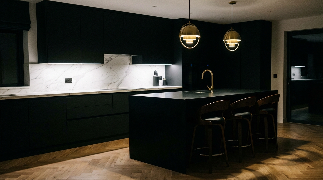 Sleek matte black kitchen with warm wood accents and brass hardware