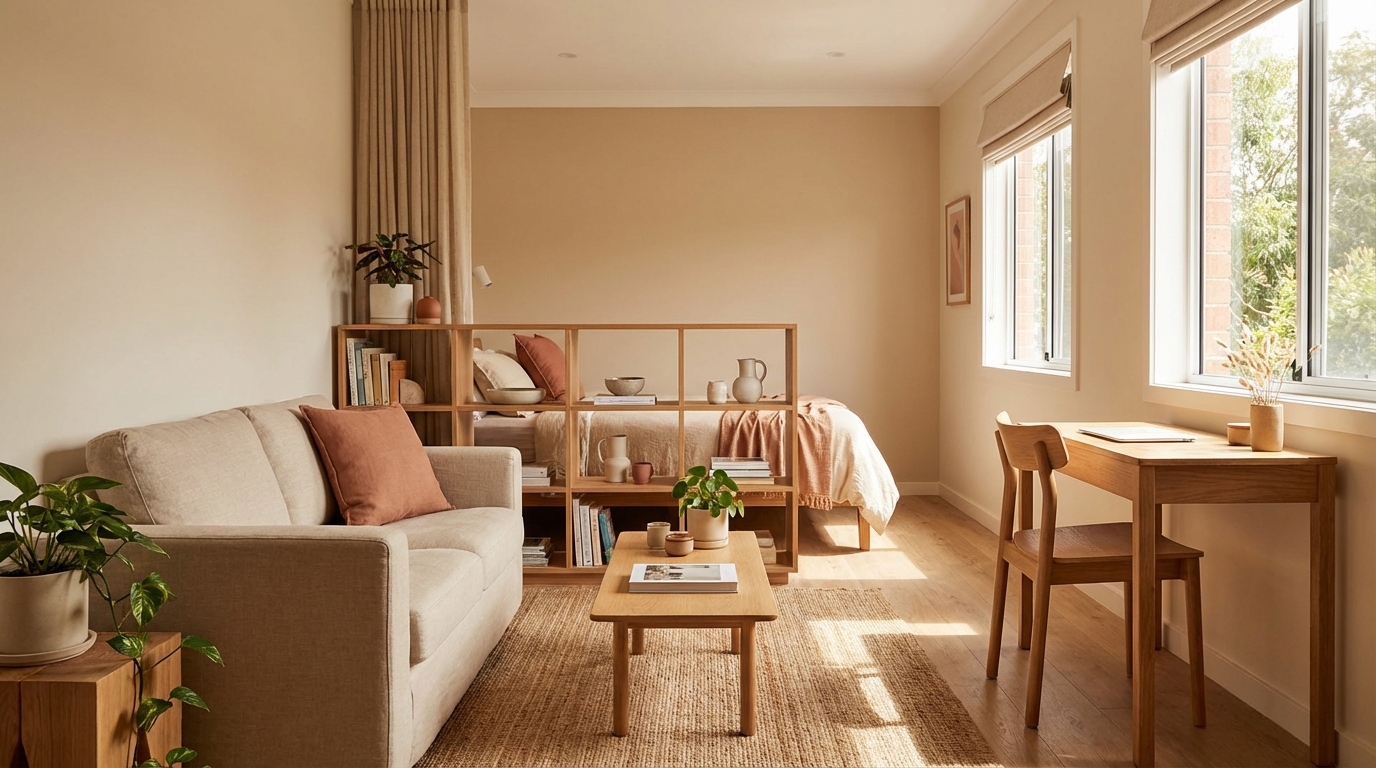 Studio apartment with defined living zones, warm textiles, and clever storage solutions