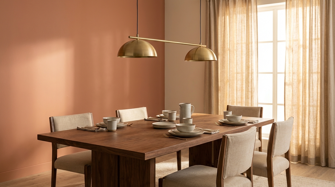 Dining room with warm pendant lighting, styled table setting, and sage green accent wall
