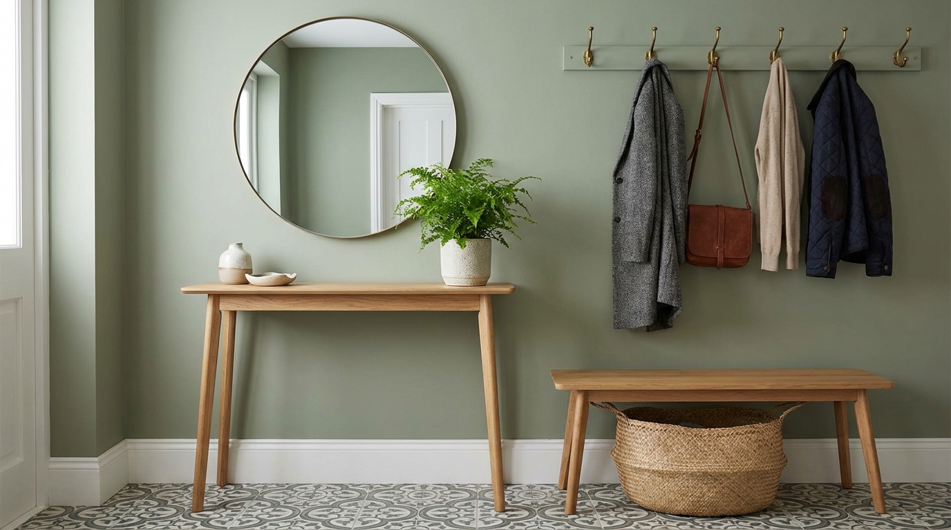 Stylish entryway with console table, mirror, and warm lighting