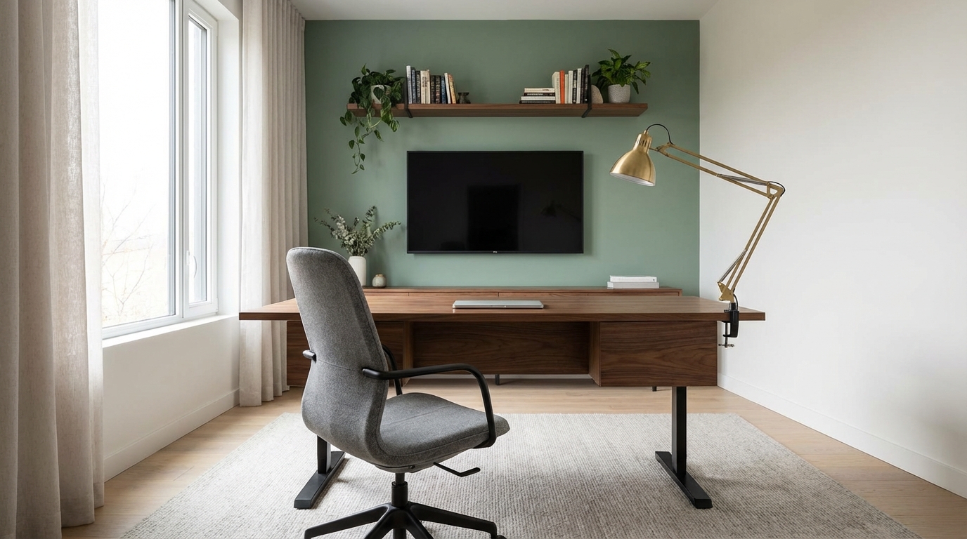 Stylish home office with wooden desk, brass lamp, and curated shelving