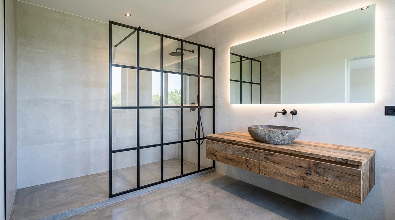 Modern bathroom with freestanding bathtub, frameless glass shower, and matte black fixtures