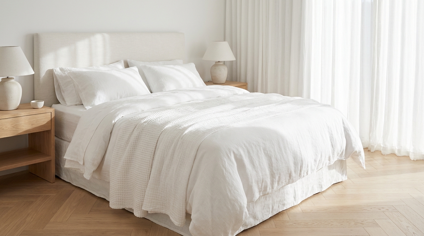 Serene white bedroom with layered linen bedding and natural wood accents