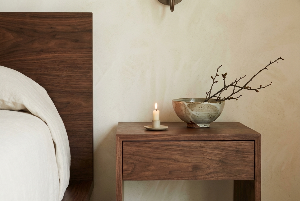 Japandi bedroom detail — low-profile bed with natural linen