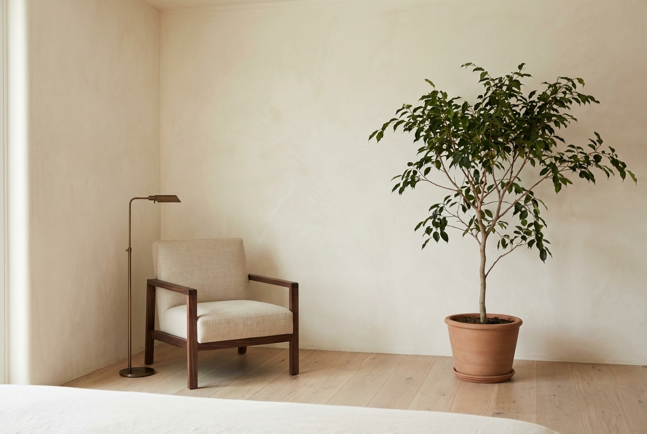 Japandi bedroom — warm wood tones and minimal decor