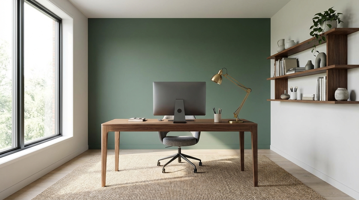 Spare room transformed into minimalist home office with Homeify AI