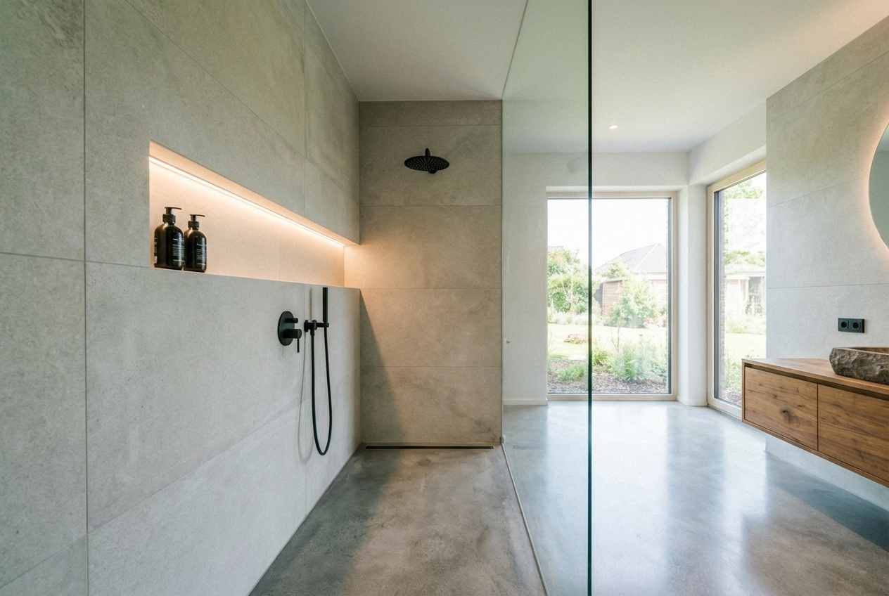 Modern bathroom detail — large grey tiles and floating vanity