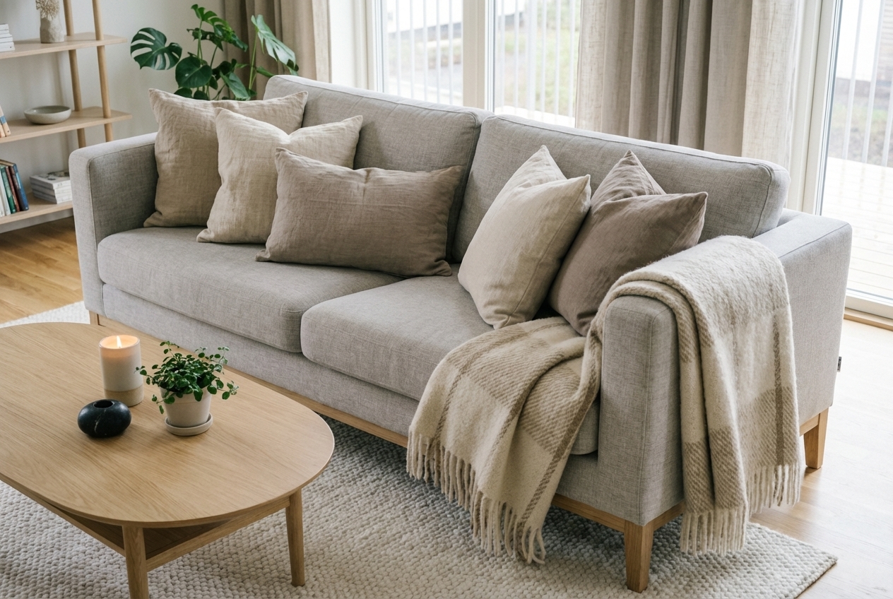 Scandinavian living room detail — light oak furniture and soft textiles