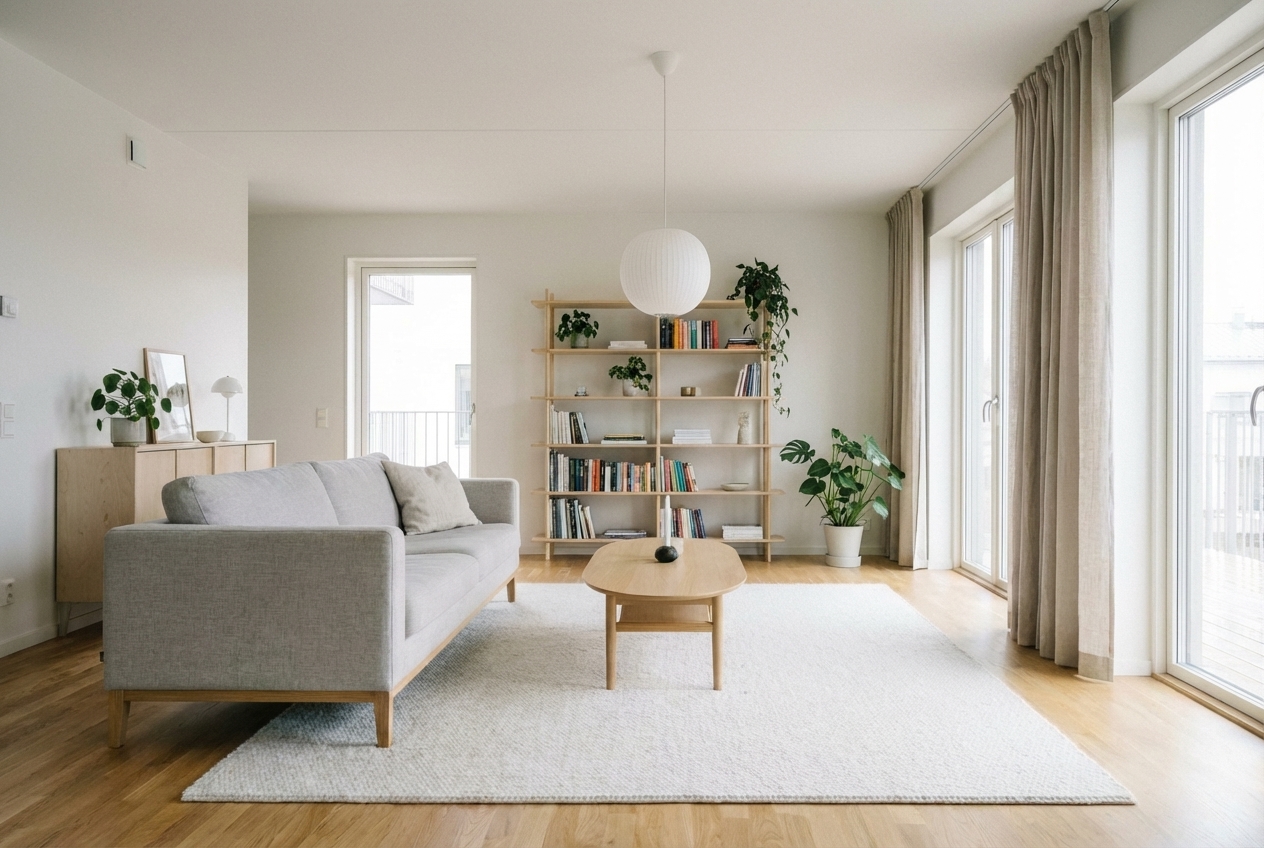 Scandinavian living room — muted color palette with warm accents